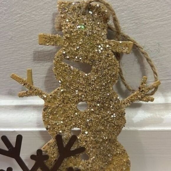 (2) Handmade Reindeer Snowman Christmas Ornaments Sparkly 4” x 6” Jingle Bells - Picture 5 of 14